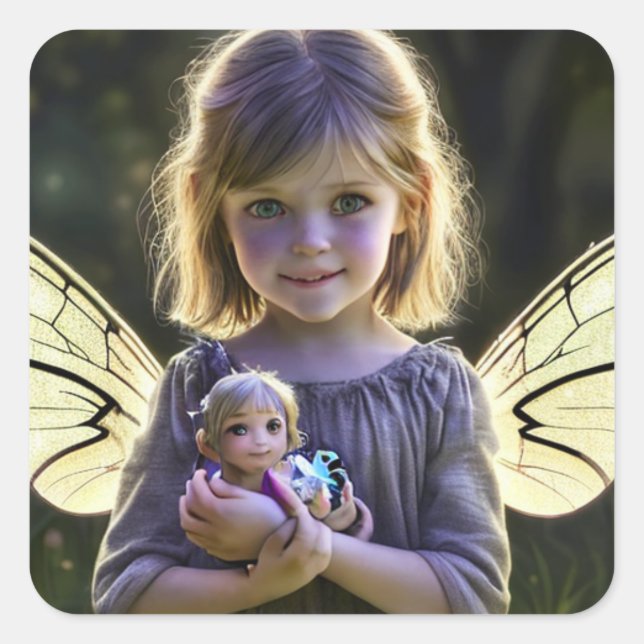 Ethereal Cute Little Fairy Girl with Doll  Square Sticker (Front)