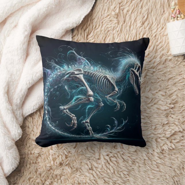 Ethereal Dinosaur Skeleton in Motion at Night Throw Pillow (Blanket)