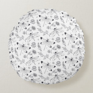 Ethereal Dragonfly & Botanical Line Art Pattern Round Pillow