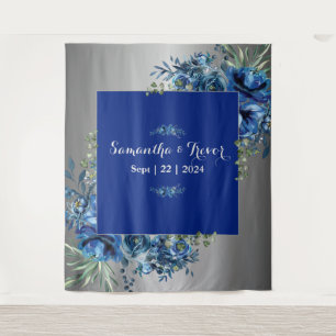Ethereal Elegance: Silver and Blue Blossoms Tapestry