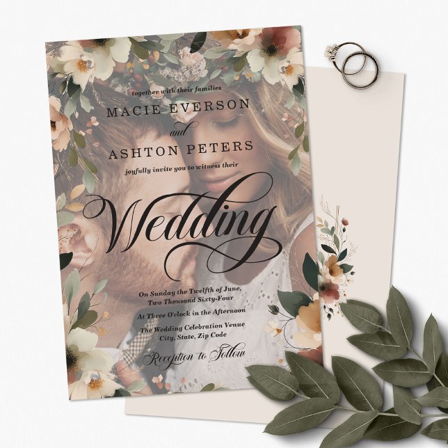 Ethereal Elegance Wildflower Photo Overlay Wedding Invitation (Step into a world where love and nature intertwine, with our Ethereal Elegance Photo Invites.)