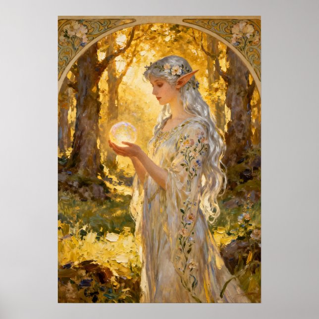 Ethereal Elf Maiden in Art Nouveau Style Poster (Front)