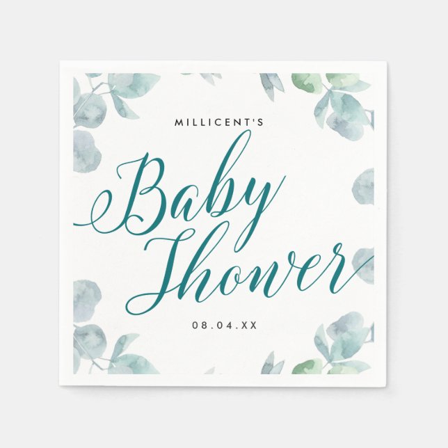 Ethereal Eucalyptus Calligraphic Baby Shower Napkin (Front)