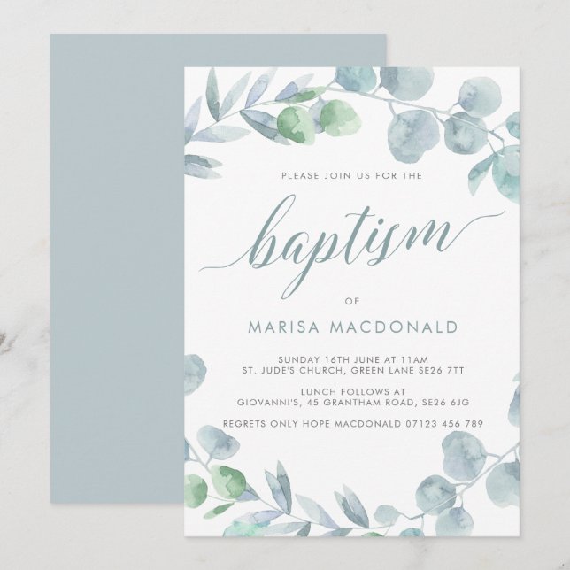 Ethereal Eucalyptus Dusty Blue Baptism Invitation (Front/Back)
