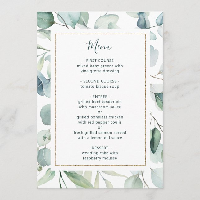 Ethereal Eucalyptus Gold Frame Greenery Wedding Menu (Front)