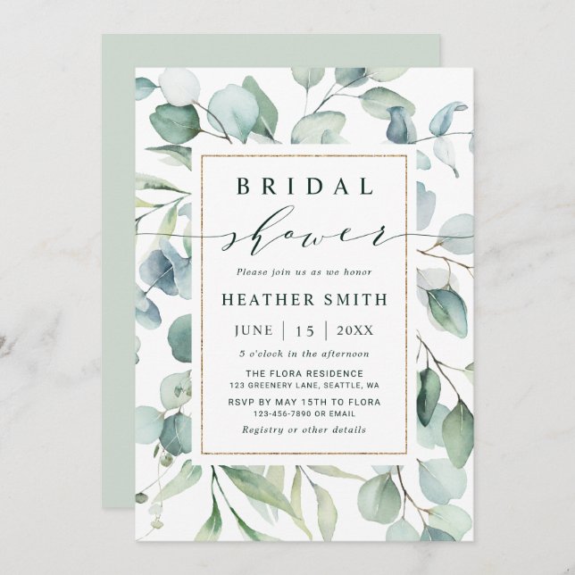Ethereal Eucalyptus Gold Greenery Bridal Shower Invitation (Front/Back)