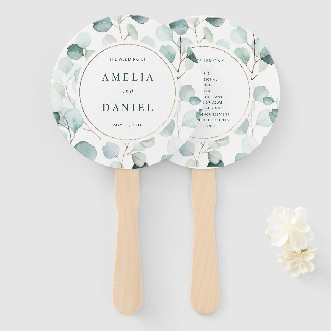 Ethereal Eucalyptus Gold Greenery Wedding Program Hand Fan (Front and Back)