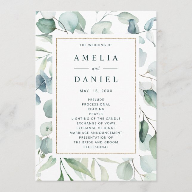 Ethereal Eucalyptus Gold Programme de mariage vert (Devant)