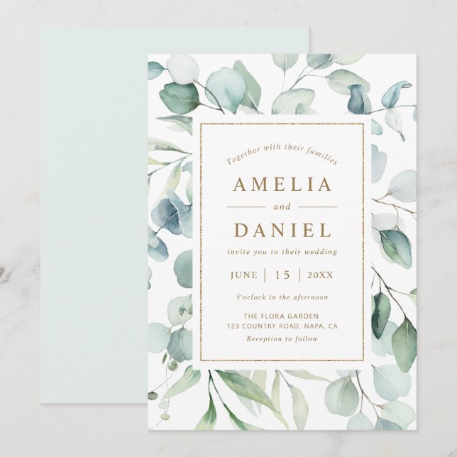 Ethereal Eucalyptus Gold Script Greenery Wedding Invitation (Front/Back)