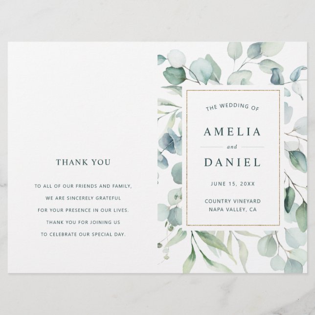 Ethereal Eucalyptus Green Wedding Ceremony Program (Front)
