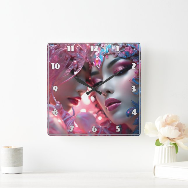 Ethereal Faces Adorned in Colourful Floral Designs Square Wall Clock (Home)