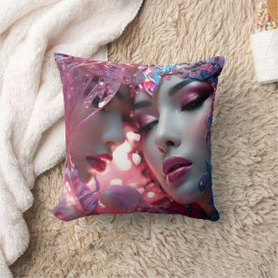 Ethereal Faces Adorned in Colourful Floral Designs Throw Pillow