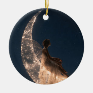 Ethereal Fairy Sitting On A Glowing Crescent Moon  Ceramic Ornament