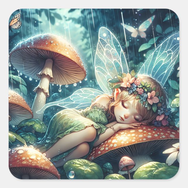 Ethereal Fairy Sleeping on a Mushroom Square Sticker (Front)