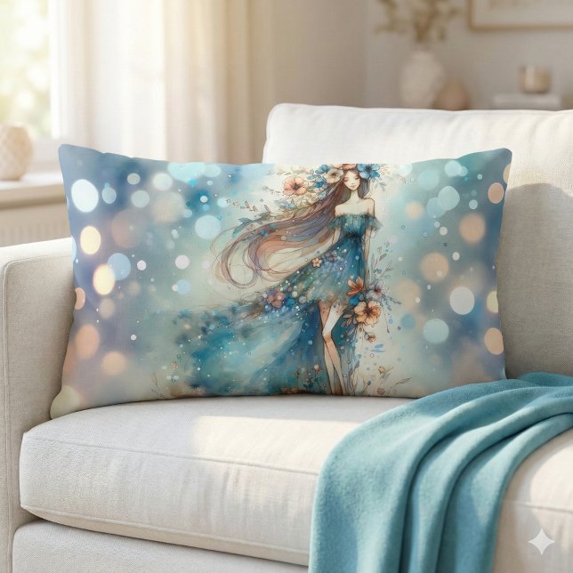 Ethereal Fantasy Goddess in a Watercolor Dream Lumbar Pillow (Ethereal Fantasy Goddess in a Watercolor Dream Lumbar Pillow Mockup A)
