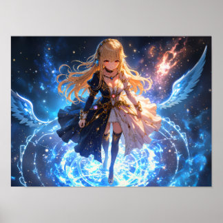 Ethereal Flame Frost girl with fire and ice wings Poster