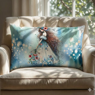 Ethereal Flower Fairy in Watercolor Dreamscape Lumbar Pillow