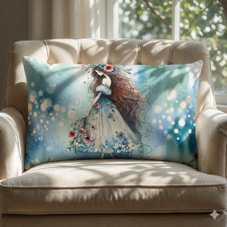 Ethereal Flower Fairy in Watercolor Dreamscape Lumbar Pillow