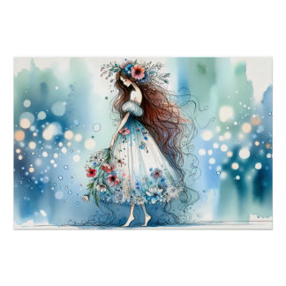 Ethereal Flower Fairy in Watercolor Dreamscape Poster