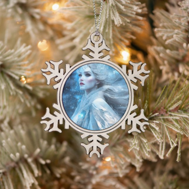 Ethereal Frozen Snow Queen Fantasy Art Snowflake Pewter Christmas Ornament (Tree)