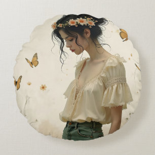 Ethereal Girl with Butterflies in Nature Round Pillow