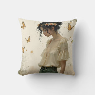 Ethereal Girl with Butterflies in Nature Throw Pillow