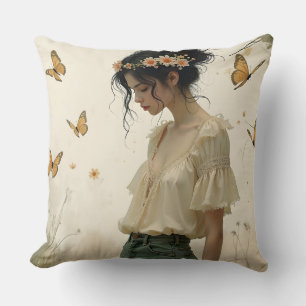 Ethereal Girl with Butterflies in Nature Throw Pillow