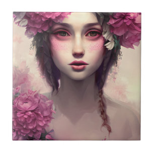 Ethereal Girl with Pink Freckles Tile