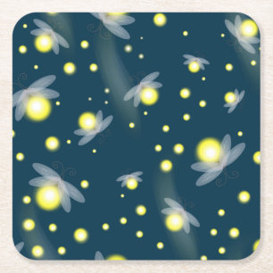Ethereal Glowing Fireflies at Night Pattern Square Paper Coaster