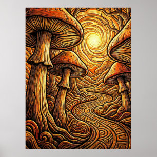 Ethereal Glowing Golden Mushroom Dark Forest Path Poster