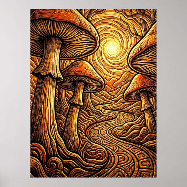 Ethereal Glowing Golden Mushroom Dark Forest Path Poster (Front)