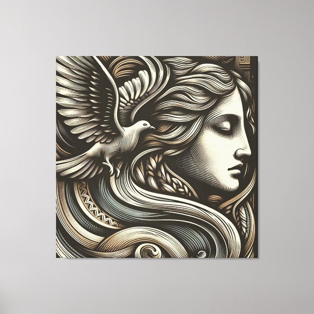  Ethereal Goddess with Dove - Engraved Woodcut Sty Canvas Print (Front)
