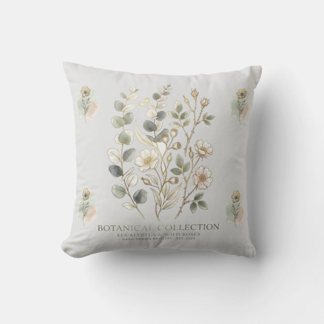 Ethereal Gold & Sage Botanical Collection Throw Pillow (Front)