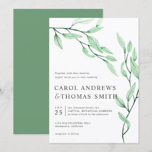 Ethereal Green   Vertical Botanical Leaves wedding Invitation