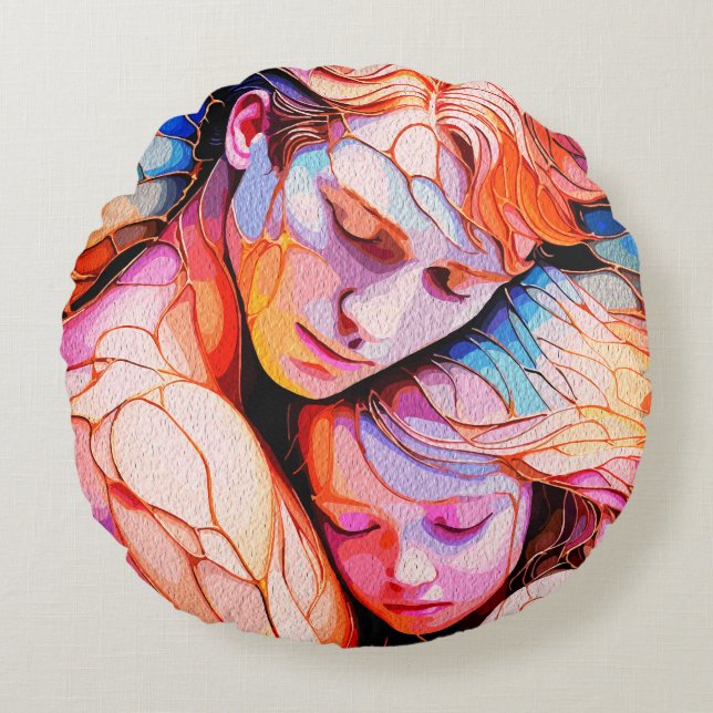 Ethereal Guardian Embrace – Fantasy Stained Glass  Round Pillow (Front)