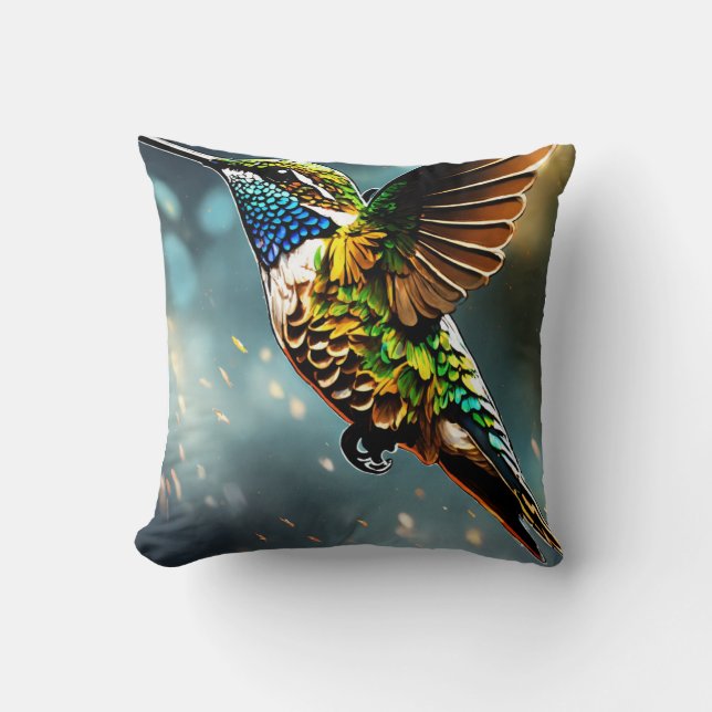 Ethereal Hummingbird: Fire & Ice Splatter Vision Throw Pillow (Front)