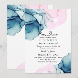 Ethereal Inky Teal Pink & Blue Boy Girl Twins Invitation