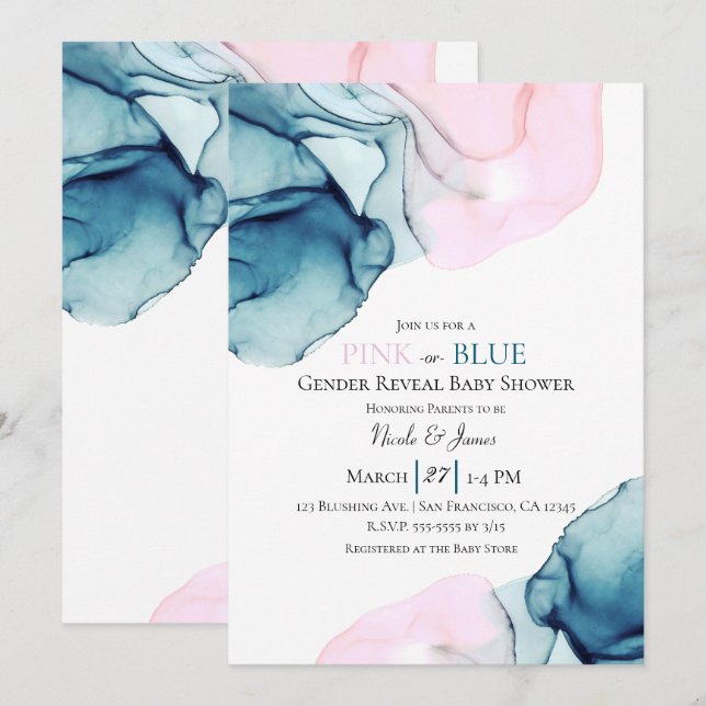 Ethereal Inky Teal Pink or Blue Baby Gender Shower Invitation (Front/Back)