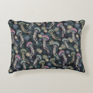 Ethereal Jellyfish and Anemones in Teal and Pink Accent Pillow