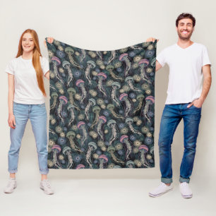 Ethereal Jellyfish and Anemones in Teal and Pink Fleece Blanket