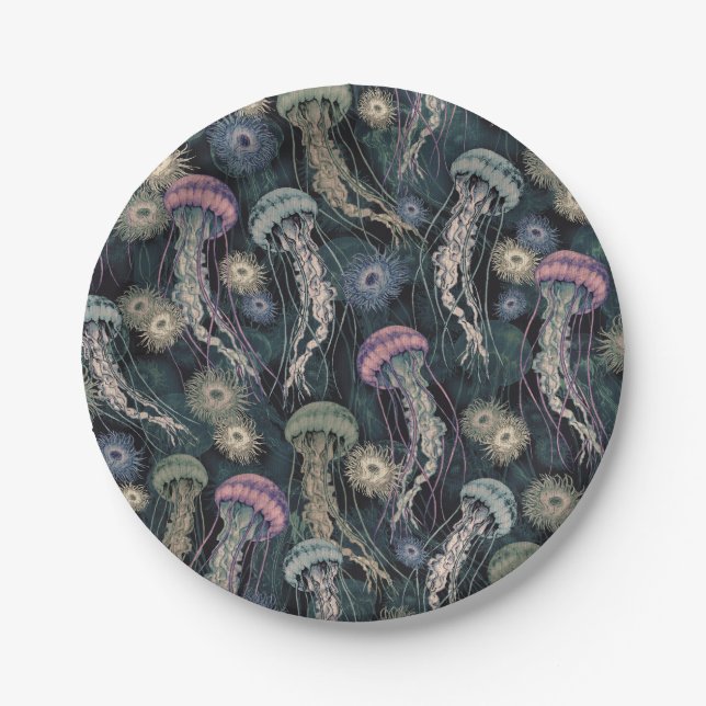 Ethereal Jellyfish and Anemones in Teal and Pink Paper Plate (Front)