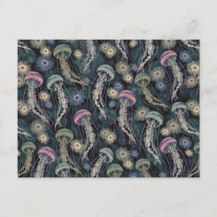 Ethereal Jellyfish and Anemones in Teal and Pink Postcard