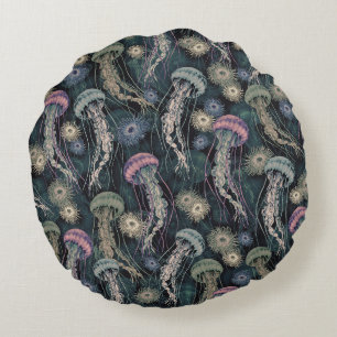 Ethereal Jellyfish and Anemones in Teal and Pink Round Pillow