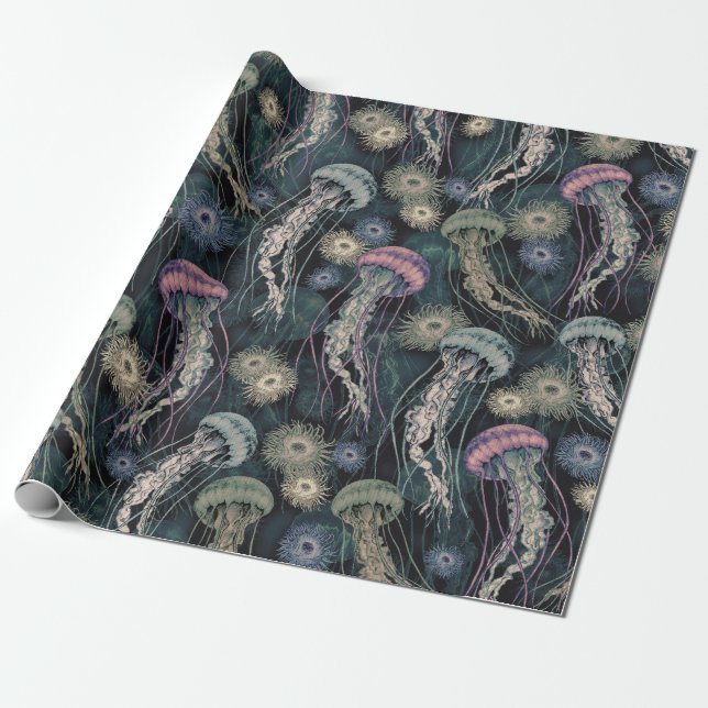 Ethereal Jellyfish and Anemones in Teal and Pink Wrapping Paper (Unrolled)