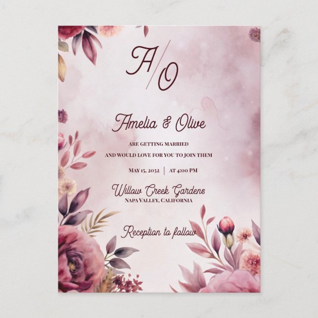 Ethereal Mauve Romantic Luxury Wedding Invitation Postcard (Front)