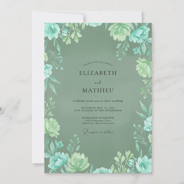Ethereal Mint Aqua Leafy Wedding Invitation (Front)