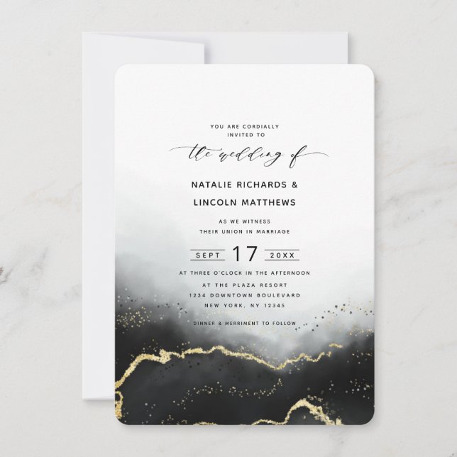 Ethereal Mist Ombre Black Gold Foil Script Wedding Invitation (Front)