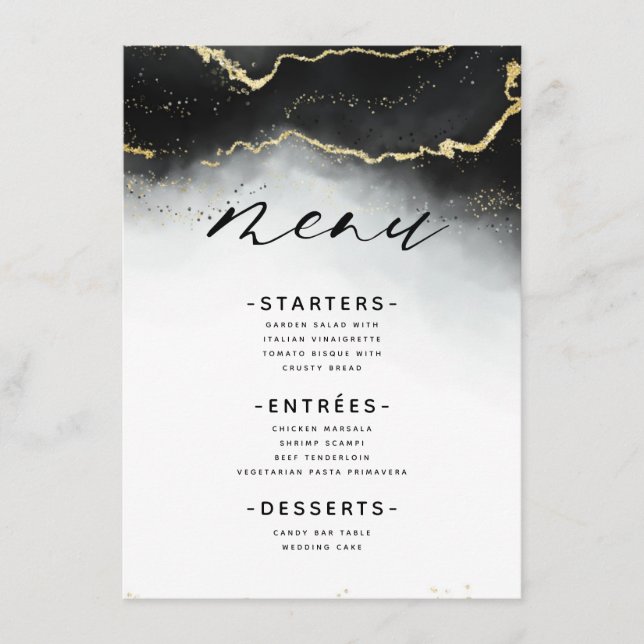 Ethereal Mist Ombre Black Watercolor Moody Dinner Menu (Front)