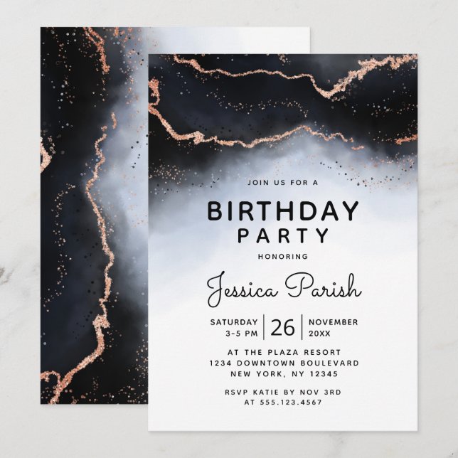 Ethereal Mist Ombre Navy Blue Moody Birthday Party Invitation (Front/Back)