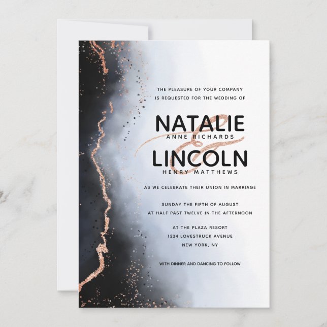 Ethereal Mist Ombre Navy Rose Gold Modern Wedding Invitation (Front)